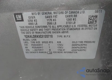 2012 Chevrolet Equinox 1Lt из США, поврежденный, VIN 2GNALDEK9C6120718